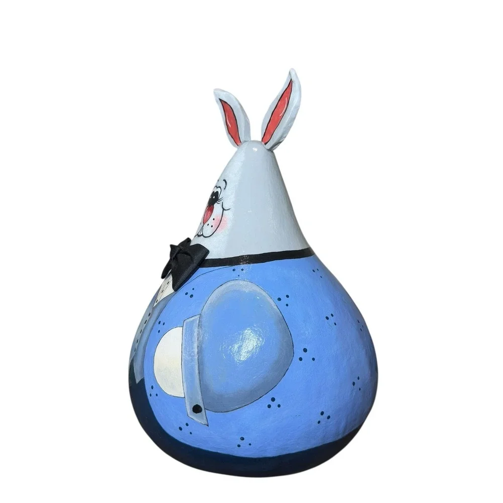 Hand‎ Painted Gourd Bunny Figurine Folk Art Rabbit Easter Decor Signed OOAK
